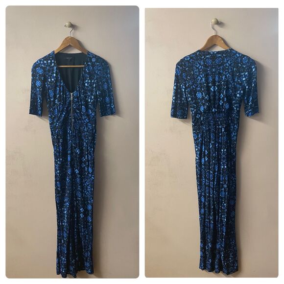 Nanette Lepore Black & Blue Printed V-Neck JumpSuit Size 2 EUC - Picture 1 of 11